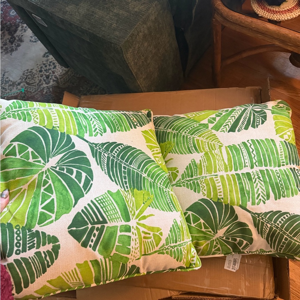Palm print porch pillows